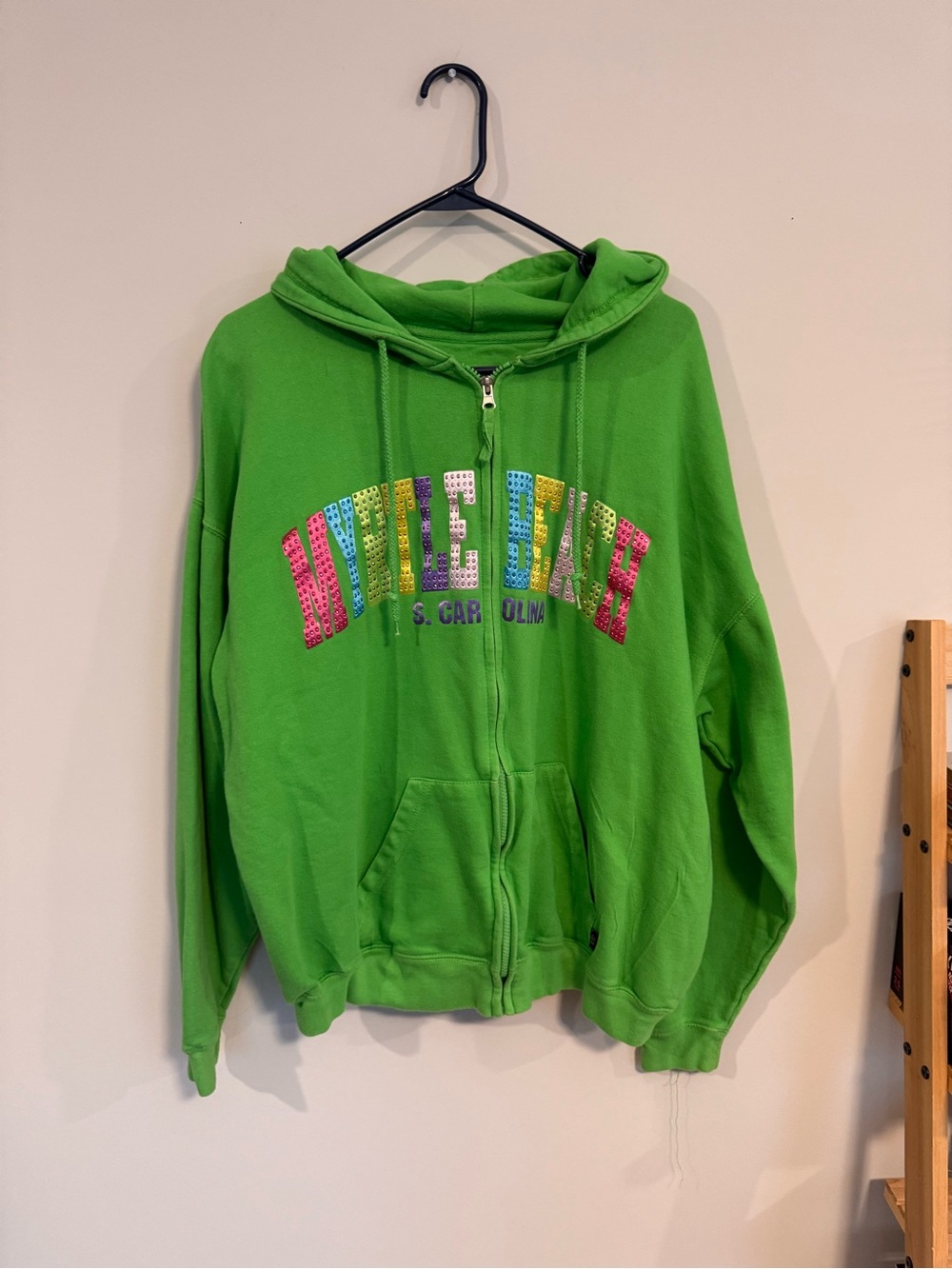 Women's Green Zip-Up Hoodie with Colorful 'Myrtle Beach' Design